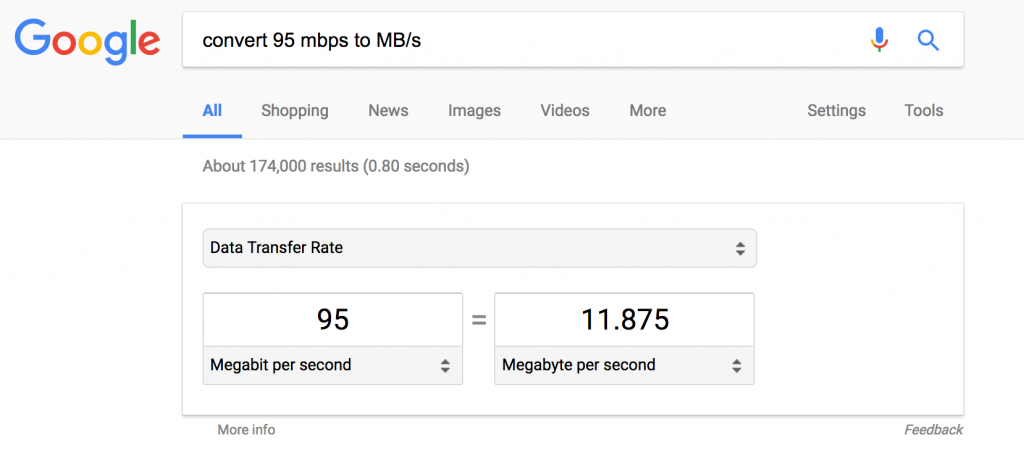 Using Google to Convert Mbps to MBps